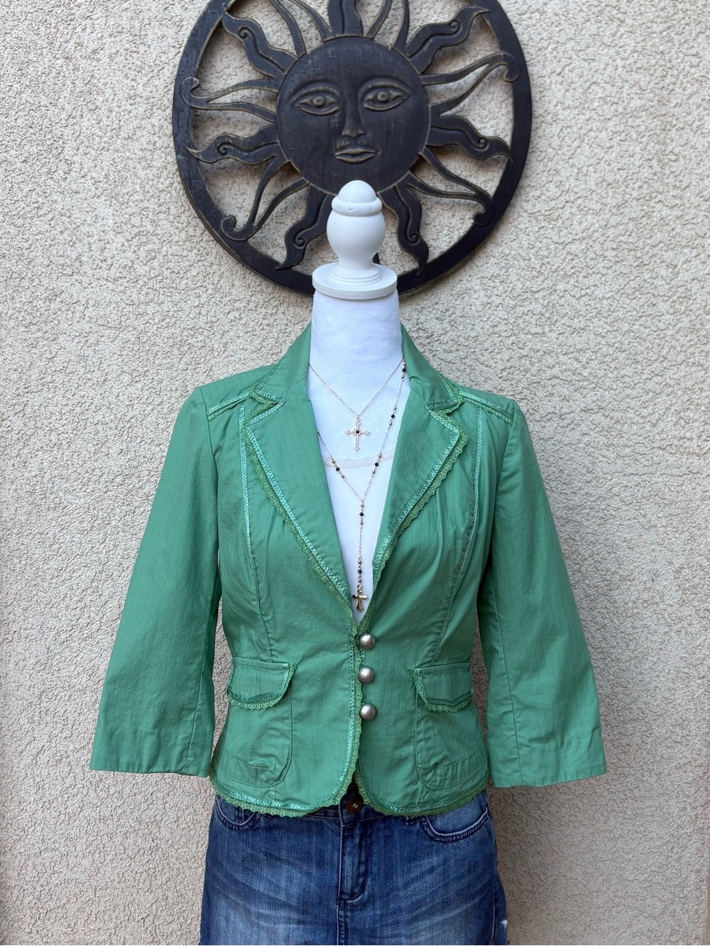 Forever 21 Y2K Green Cropped Lace Trim Blazer Jacket Office Vintage Coquette